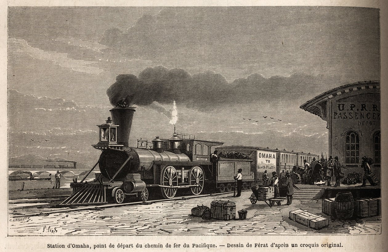 Rautateillä on Omahan asema (Nebraska), Tyynellemerelle johtavien linjojen lähtöpiste. M. L. Simoninin kaiverruskuva le voyage au far west americain, vuonna 1867, julkaistu "Le tour du monde, nouveau journal des voyages" -lehdessä, toimitettu tekijältä Unknown artist