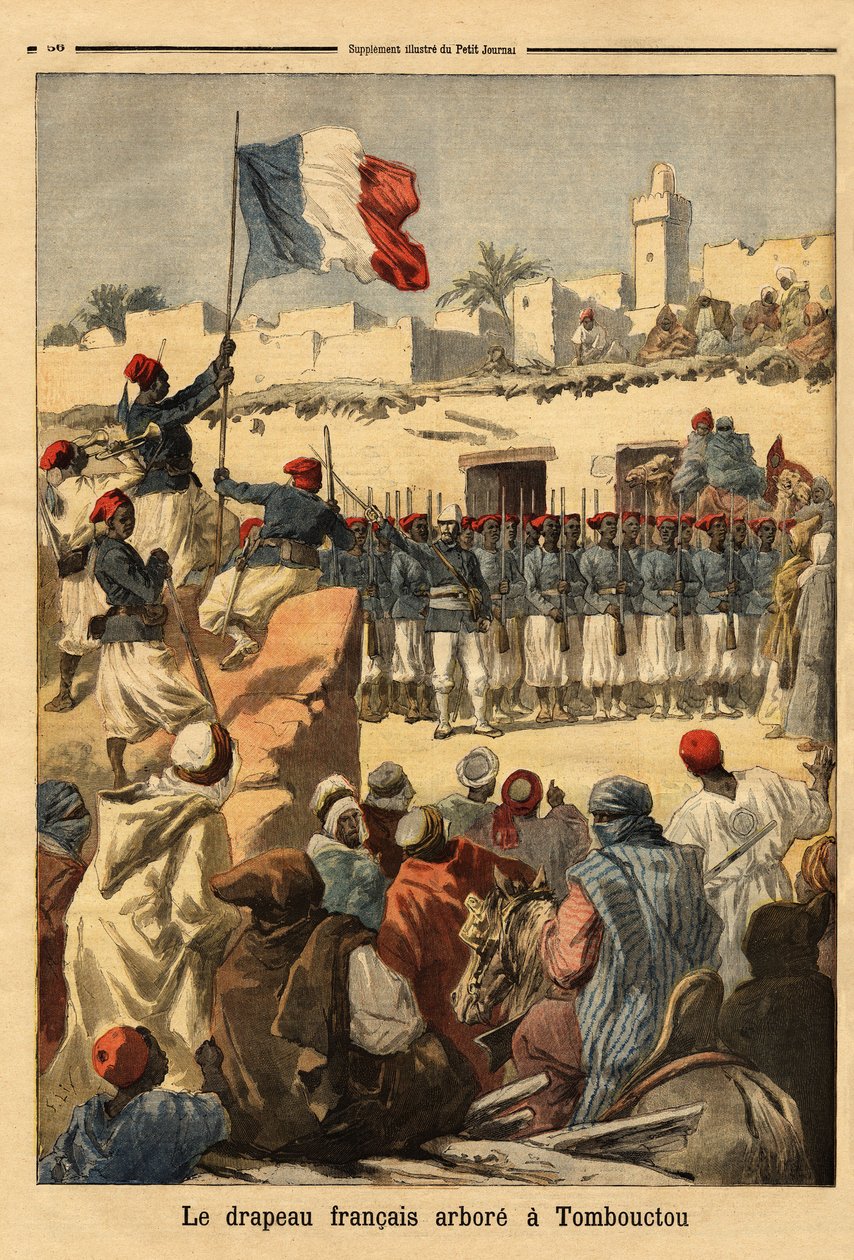 Everstiluutnantti Francois Xavier Bonnier (1857-1944) nosti Ranskan lipun Timbuktussa (Mali) Ranskan Sudanin (todellinen Mali) valloituksen aikana - Ranskan lippu on esillä Timbuktussa (sijaitsee Niger-joella, Mali) ) yhteistyön toimesta tekijältä Unknown artist