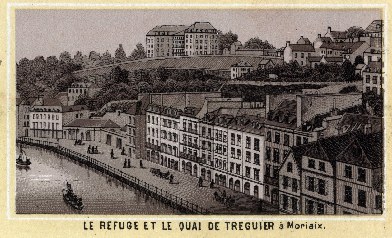 Treguierin turvapaikka ja laituri Morlaixissa (Finistere, Bretagnen alue). 1800-luvun lopun kromolitografia. tekijältä Unknown artist
