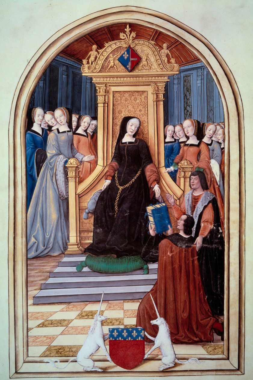 Ranskan valtionhoitaja Louise de Savoie (1476-1531) sai kahden echevinin kirjan Amiensin kaupungista. Etualalla Amiensin aseet. Puy Jam Notre Dame d