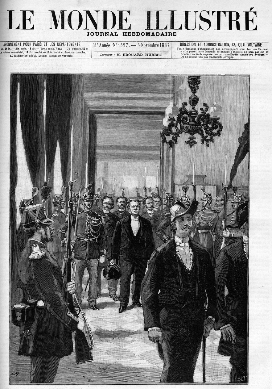 Vuokrahuoneet vuonna 1887 presidentti Charles Floquetin johdossa (1828-1896). "" The Illustrious World" -kansi vuodelta 1887. tekijältä Unknown artist