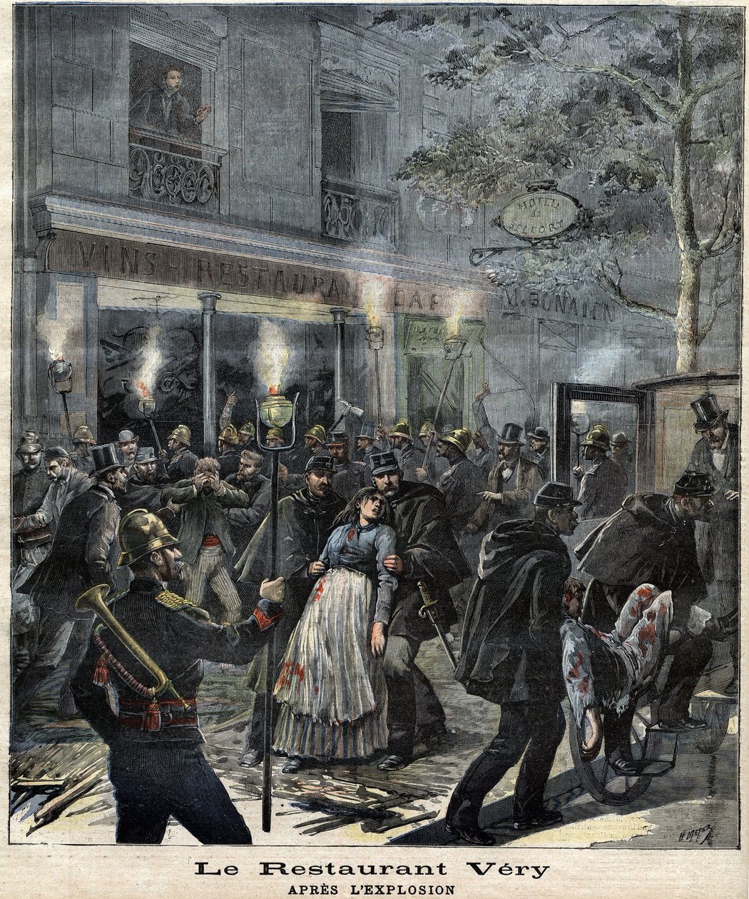 Ravintola Very (24 Boulevard Magenta Pariisissa) anarkisti Francois Koenigstein dit Ravacholin (1859 - 1892) hyökkäyksen aiheuttaman räjähdyksen jälkeen 30. maaliskuuta 1892. "" The Petity Journal -lehdessä" tekijältä Unknown artist