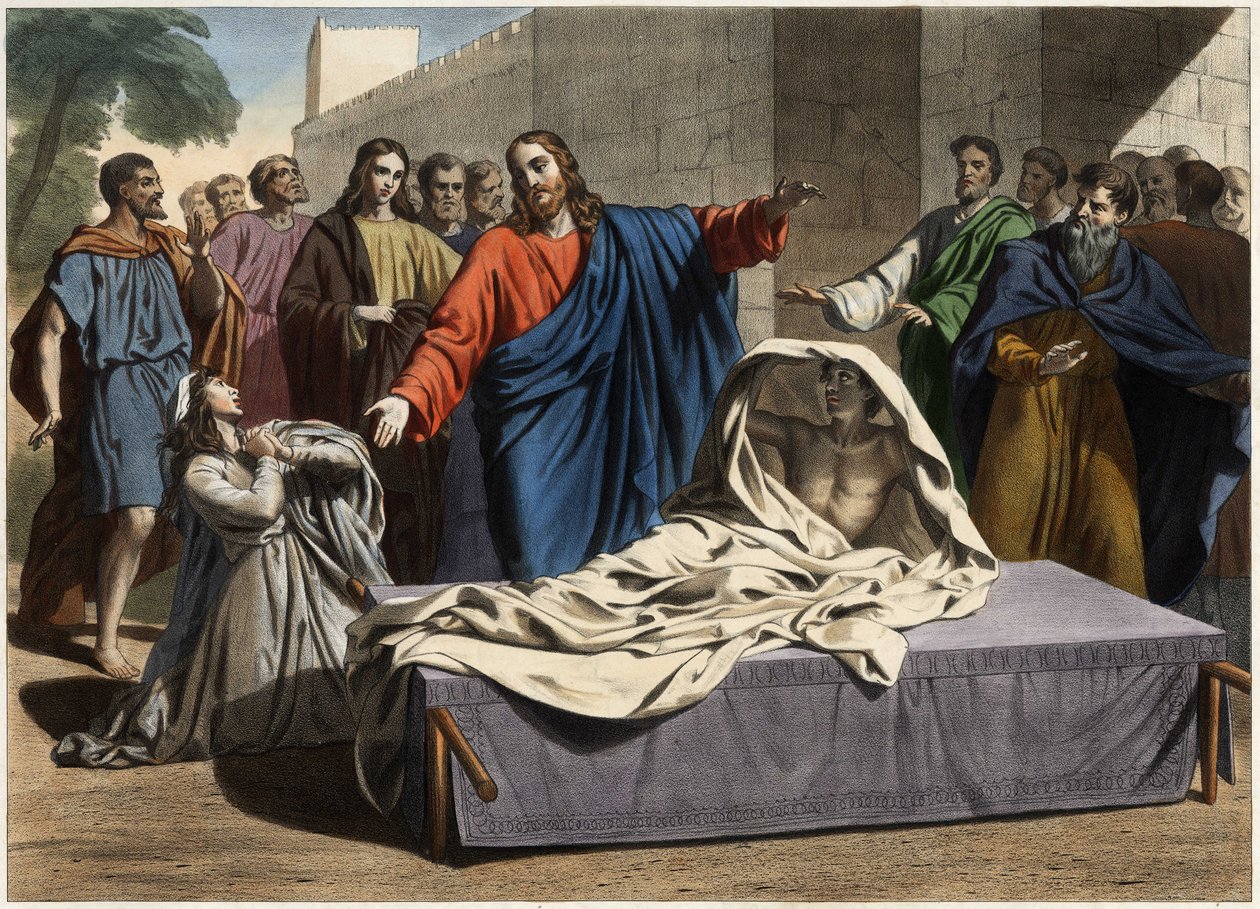 Naimin lesken pojan ylösnousemus: Jeesus Kristus herättää lesken ainoan pojan. Kaiverrus 1800-luvun puolivälistä. tekijältä Unknown artist