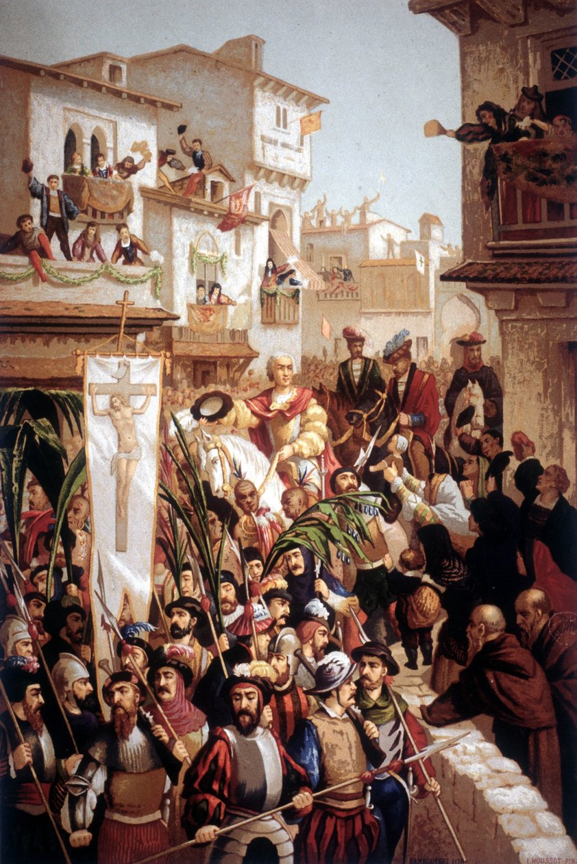 Italialaista alkuperää olevan merenkulkijan Kristoffer Kolumbuksen (1451-1506) paluu Espanjaan vuonna 1493. tekijältä Unknown artist