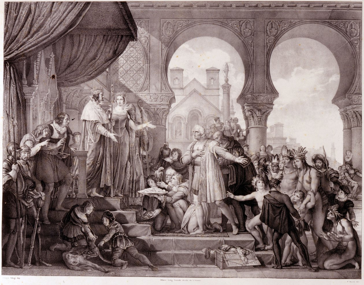 Kristoffer Kolumbuksen paluu Espanjaan ennen Aragonian kuningasta Ferdinand II:ta ja Kastilian Isabellaa 1. (kutsuttiin katoliseksi) Amerikan löytämisen jälkeen. Kaiverrus 1800-luvulta. tekijältä Unknown artist