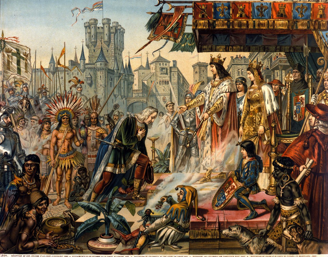 Kristoffer Kolumbuksen paluu Espanjaan ennen Aragonian kuningasta Ferdinand II:ta ja Kastilian Isabellaa 1. (kutsuttiin katoliseksi) Amerikan löytämisen jälkeen. Kaiverrus 1800-luvulta. tekijältä Unknown artist