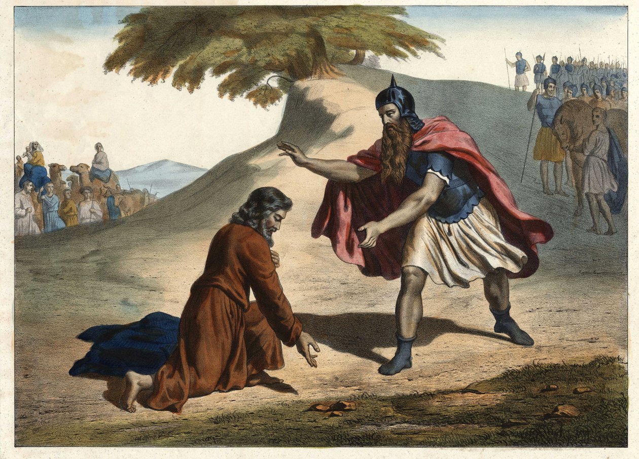 Jaakobin paluu ja tapaaminen Esaun kanssa - Jaakob palaa Kanaaninmaalle vaimoineen ja lapsineen: hän tapaa veljensä Eesaun. Kaiverrus 1800-luvun puolivälistä. tekijältä Unknown artist