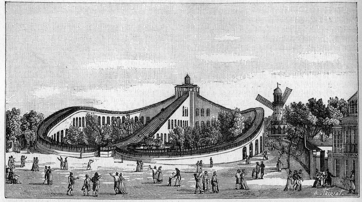 Beaujon Gardenin vuoristorata Pariisissa vuonna 1821. Luontossa ”” Katsaus tieteisiin ja niiden sovelluksiin taiteeseen ja teollisuuteen." 1888 tekijältä Unknown artist
