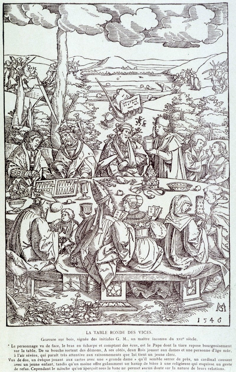 Paheiden pyöreä pöytä: leikki, ahneus, himo, ylpeys... - Kaiverrus 1546 tekijältä Unknown artist