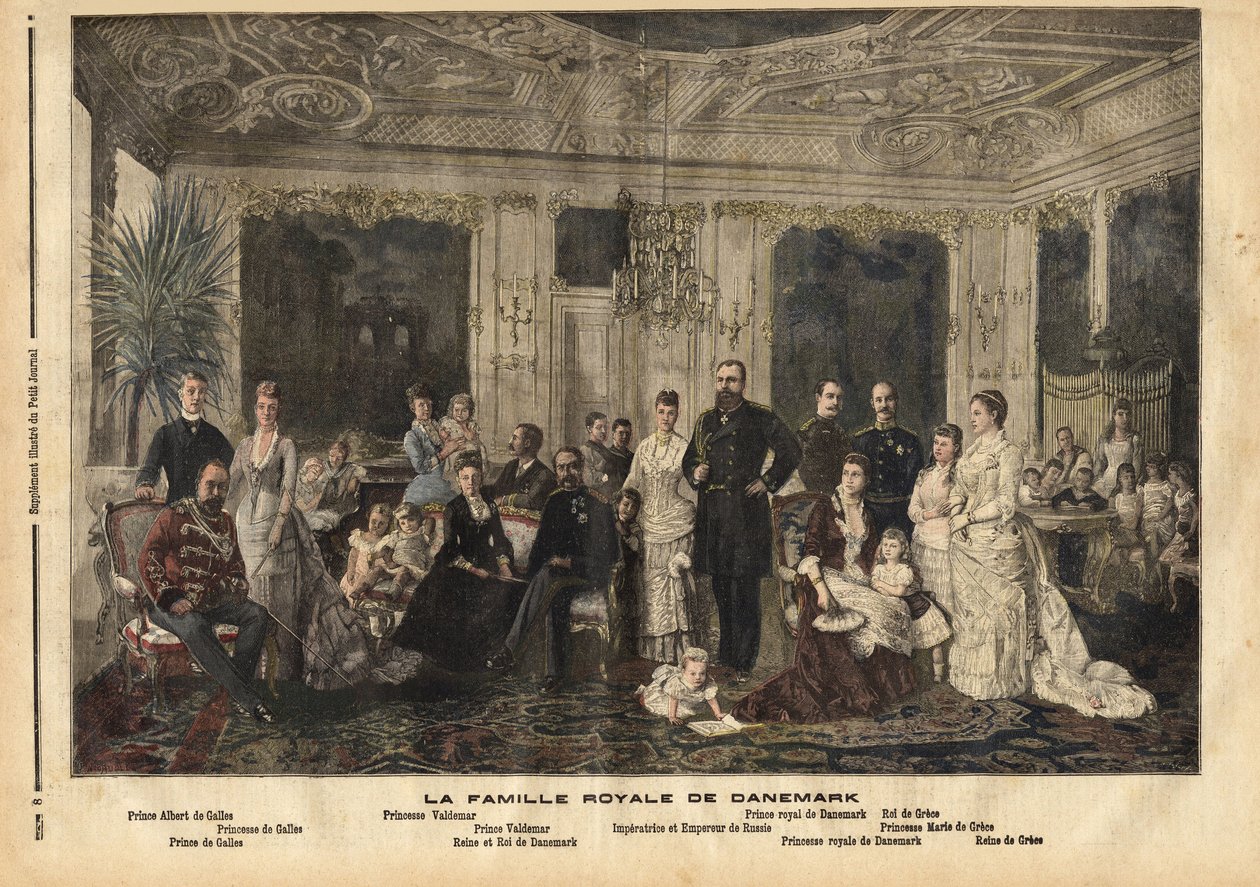 Keskellä istuva Tanskan kuninkaallinen perhe, Hessen-Kasselin kuningatar Louise (1817-1898) ja Tanskan kuningas Christian IX (1818-1906) sai lempinimen "Euroopan komea isä", koska hän meni naimisiin useiden lastensa kanssa perillisten kanssa. suuresta kuni tekijältä Unknown artist