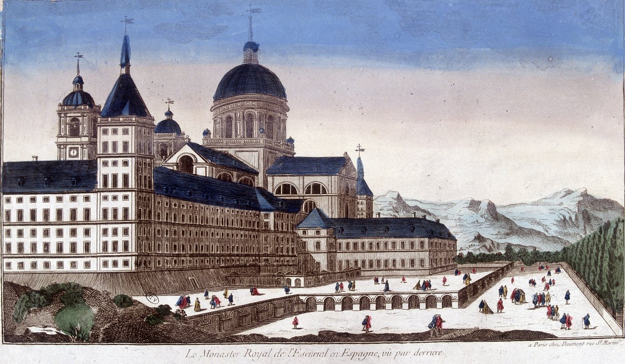 Escurialin (Escorial) kuninkaallinen luostari Espanjassa takaa katsottuna. tekijältä Unknown artist