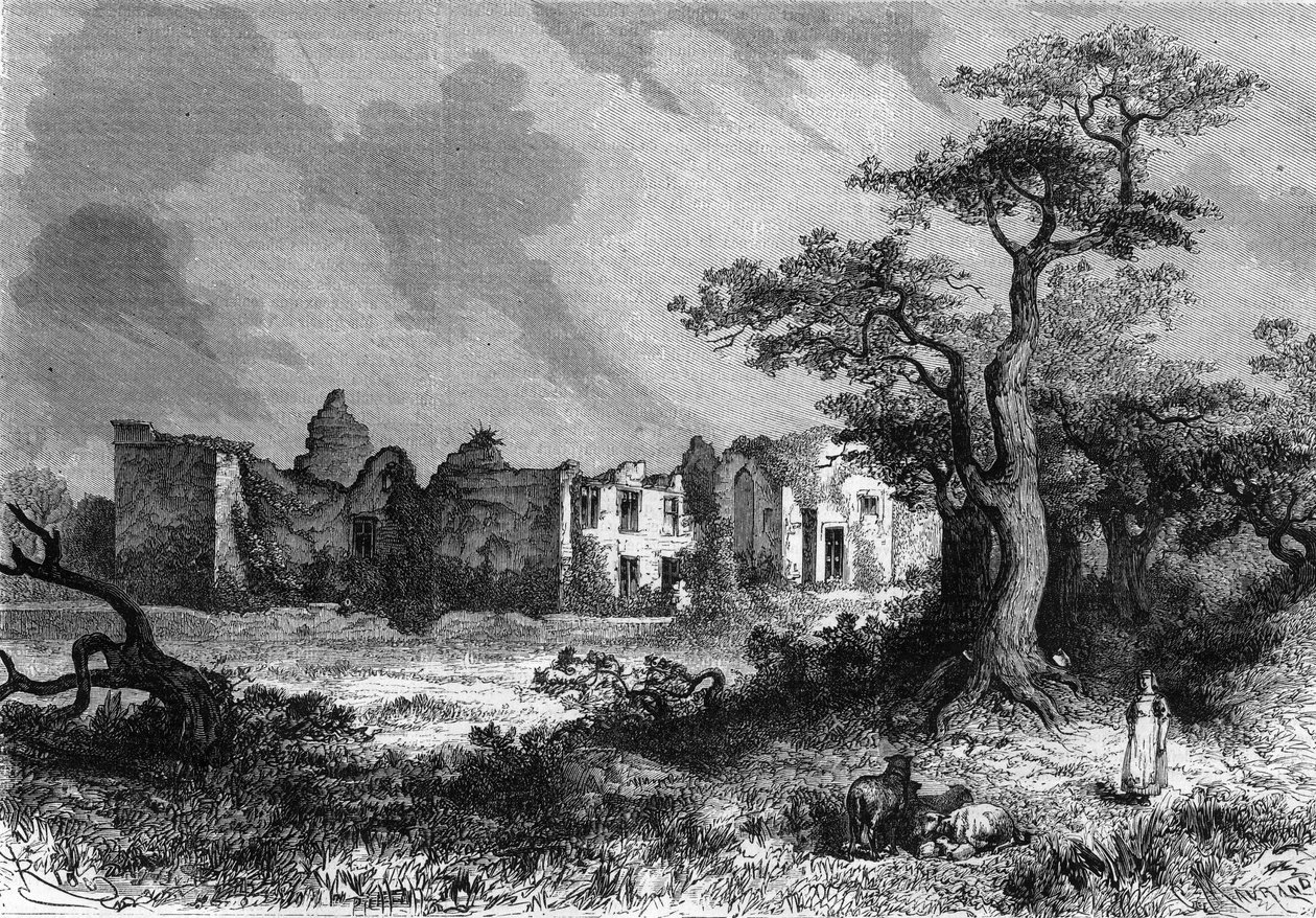 Chateau de la Maillerayen rauniot lähellä Parthenayta, Deux-Sevresin (Deux Sevresin) departementtia Poitou-Charentesin alueella (Poitou Charentes). Kaiverrus ""Mallisoituneeseen universumiin"" tekijältä Unknown artist