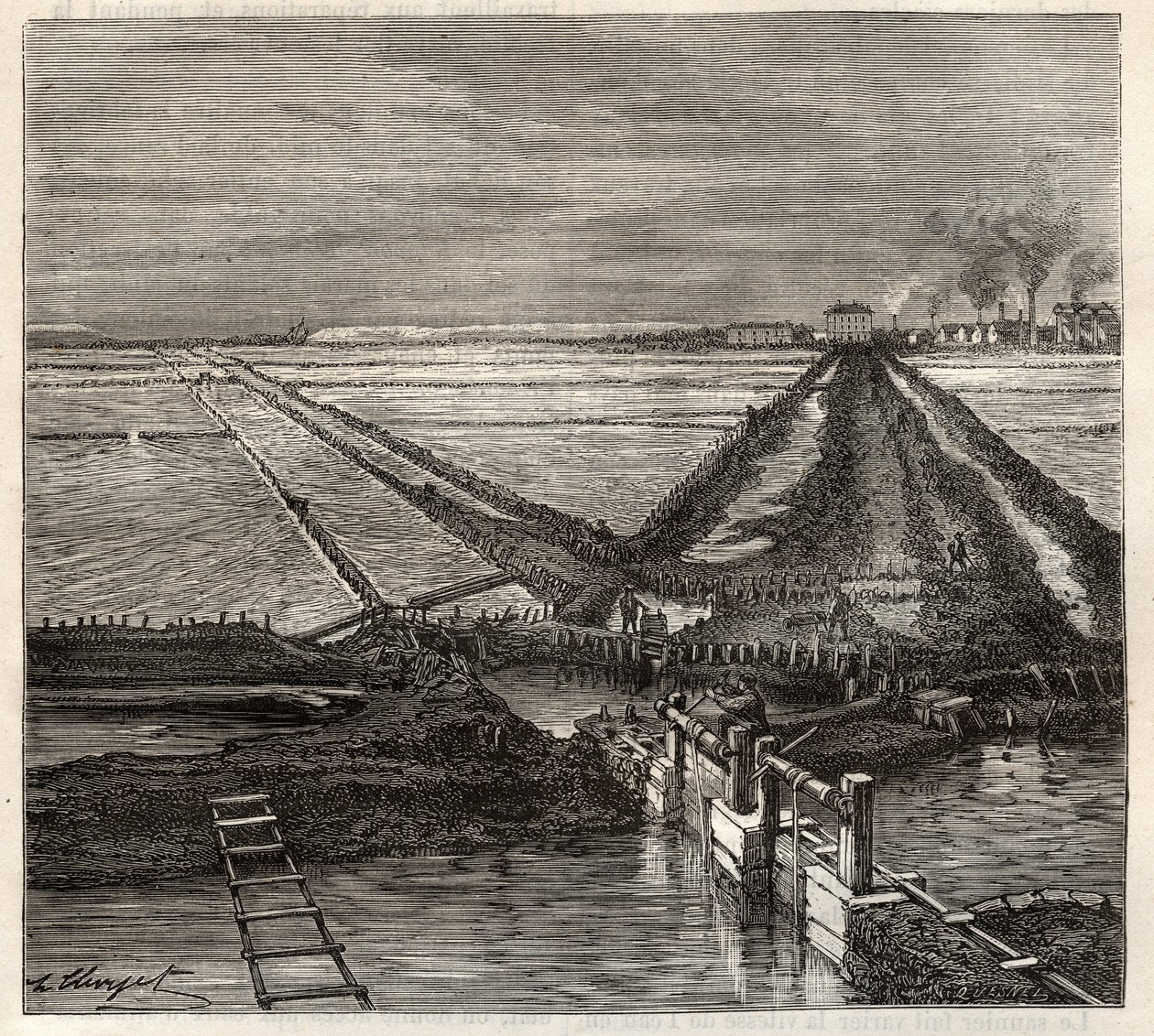 Giraudin suolaso ​​Camarguessa (Bouches-du-Rhone), näkymä palvelukanavasta - Louis Figuierin kaiverrus Les Merveilles de l