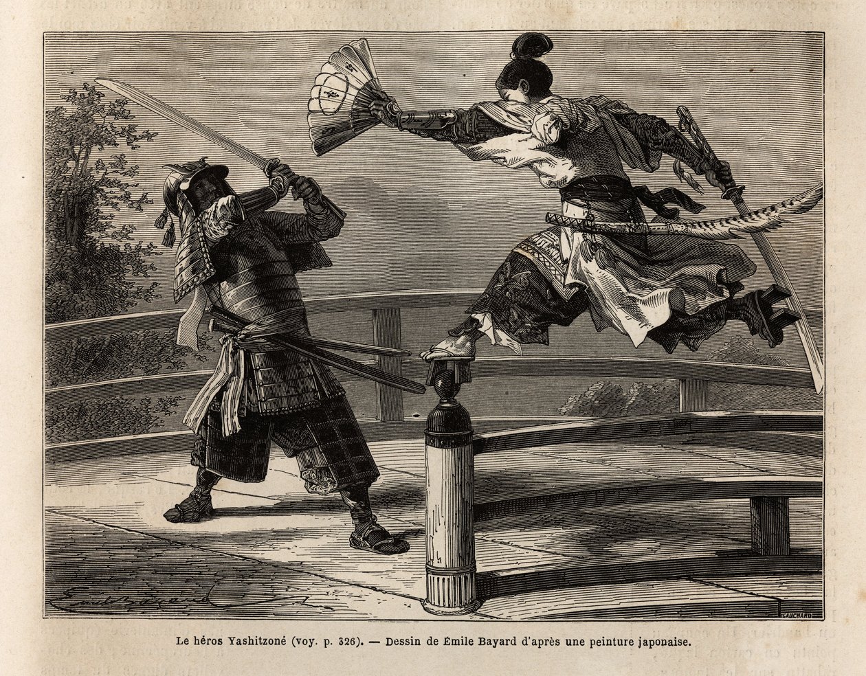 Samurai Yashitsune tasapainossa sillan esteellä, hyökkää haarniskassa pukeutuneen samurain kimppuun. Kaiverrus havainnollistamaan matkaa Japaniin vuosina 1863-1864, Sveitsin valaliiton ministeri Aime Humbert julkaisussa "" Le tour du monde, nouveau journal tekijältä Unknown artist