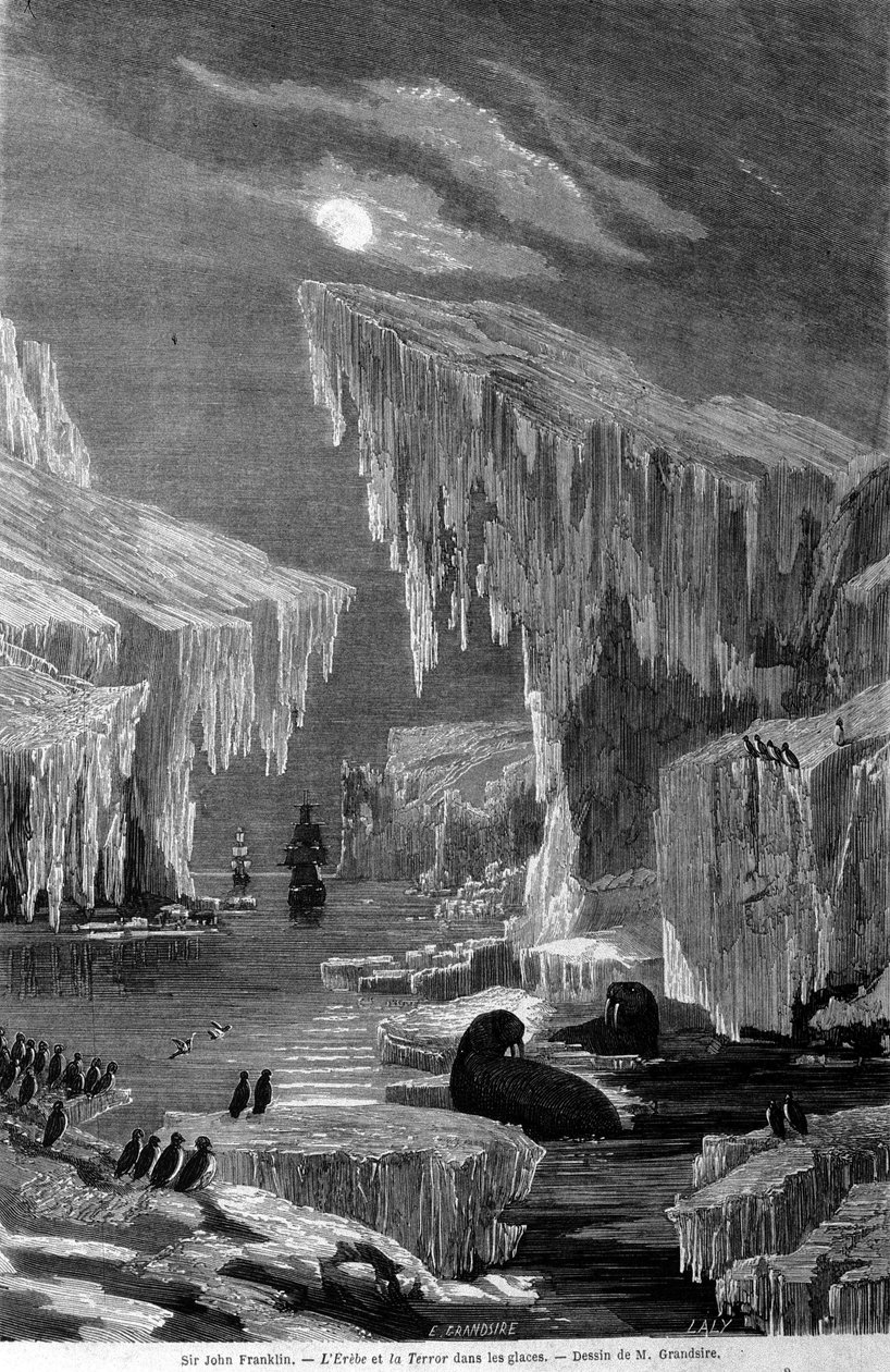 Alukset "Erebus" ja "Terror" Sir John Franklinin (1786-1847) johtaman tutkimusmatkan aikana jäälle. Kaiverrus 1800-luvulta tekijältä Unknown artist
