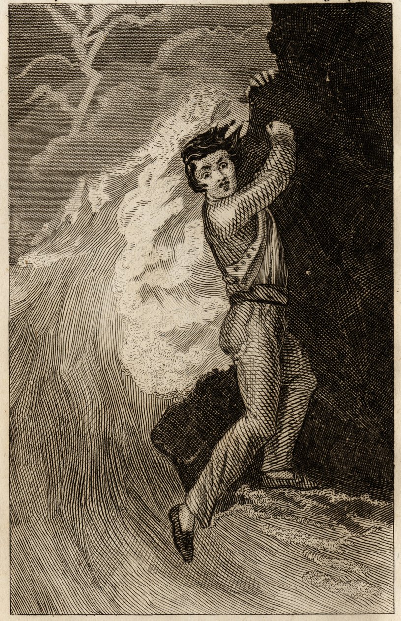 Robinson Crusoen haaksirikko, kaiverrus lisätty Daniel Defoen (1660-1731) "Robinson Crusoen seikkailuihin", painos la librairie d