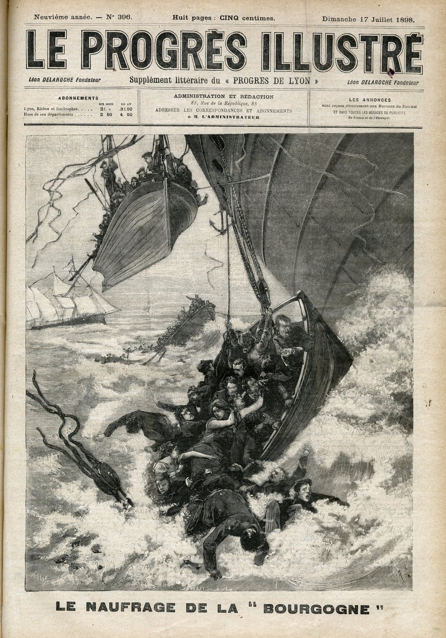 Transatlantic-aluksen haaksirikko "Burgundia" -kaiverrus kirjassa "The illustrious progress" heinäkuussa 1898. tekijältä Unknown artist