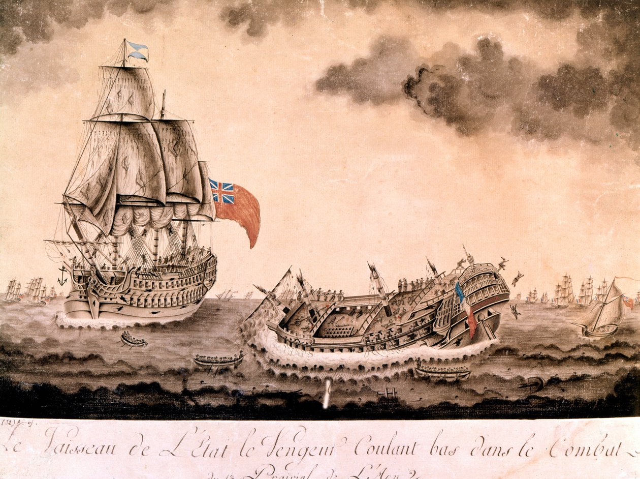 Englannin laivasto upposi "kostajan" haaksirikkoutuneen Brestin edustalla 1.6.1794. Kaiverrus 1700-luvun loppu, 1800-luvun alku. tekijältä Unknown artist