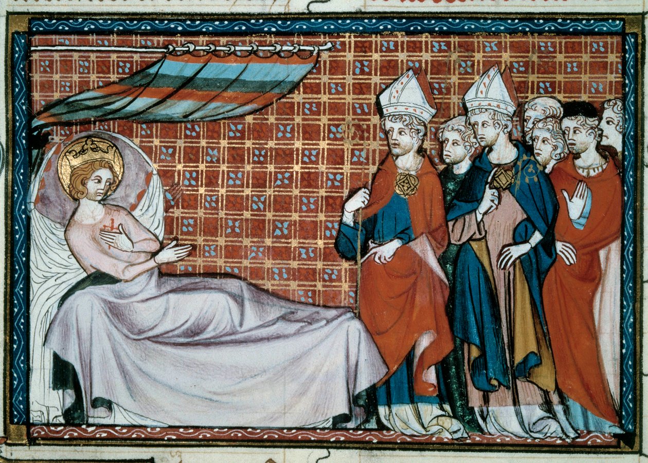 Ranskan sairas kuningas Saint Louis (Louis IX) (1214-1270) puhuu sukulaisilleen ja papistolle. Miniatyyri William of Saint Pathusin käsikirjoituksesta "Saint Louisin elämä ja ihmeet". tekijältä Unknown artist