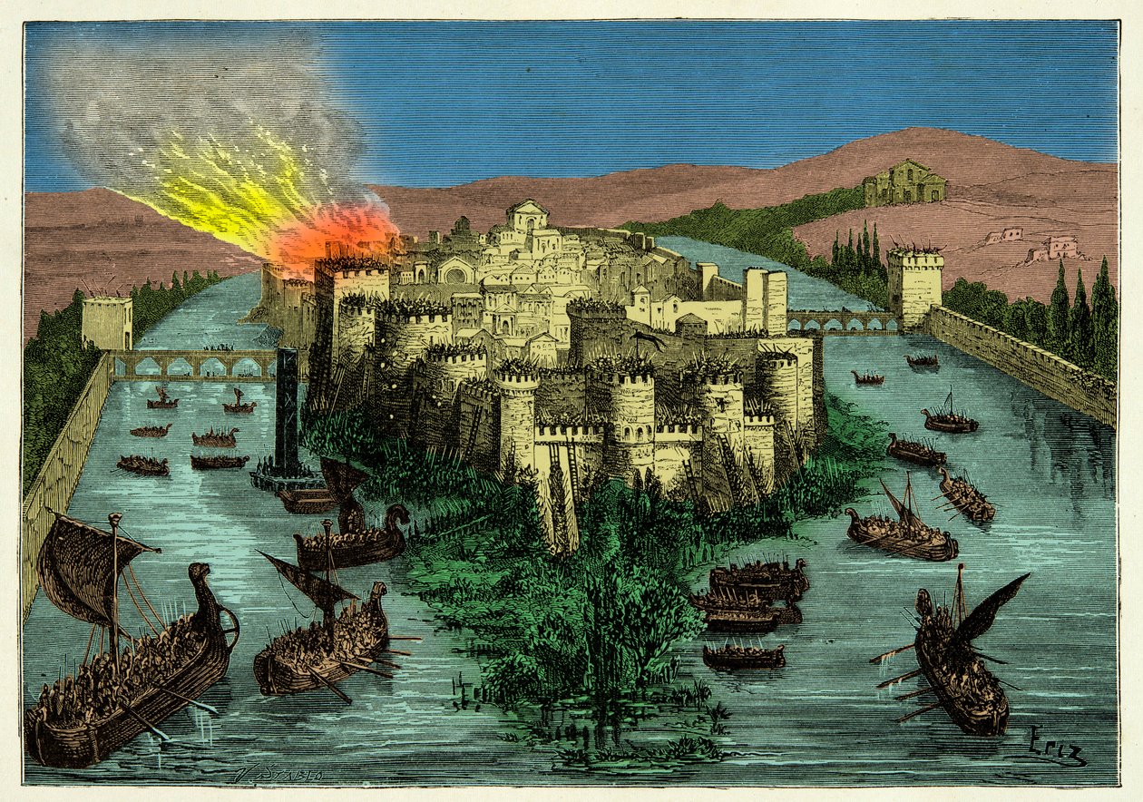 Viikingit piirittivät Pariisin vuonna 845 Ragnar Lodbrokin johdolla, Kaiverrus 1800-luku tekijältä Unknown artist