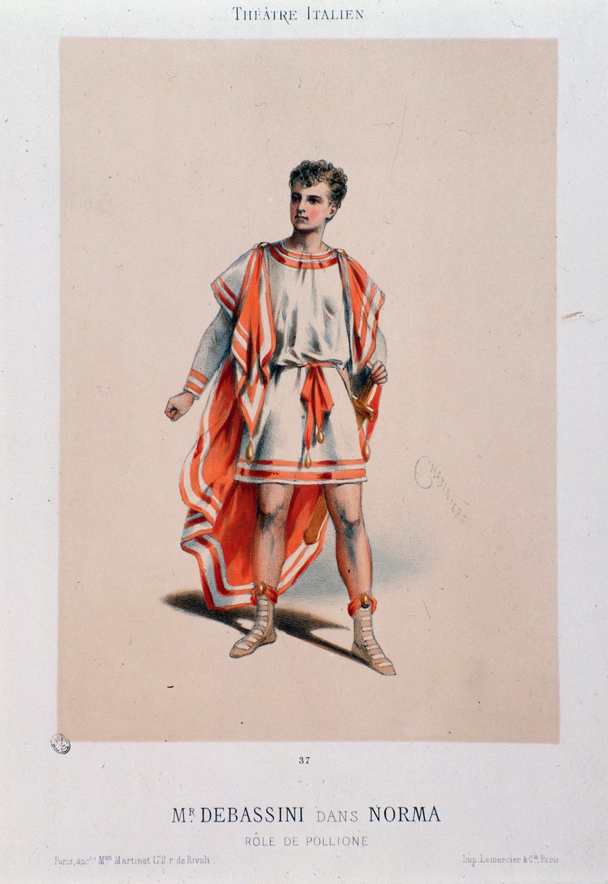 Laulaja Achille De Bassini esittää Pollionen oopperassa La Norma tekijältä Unknown artist