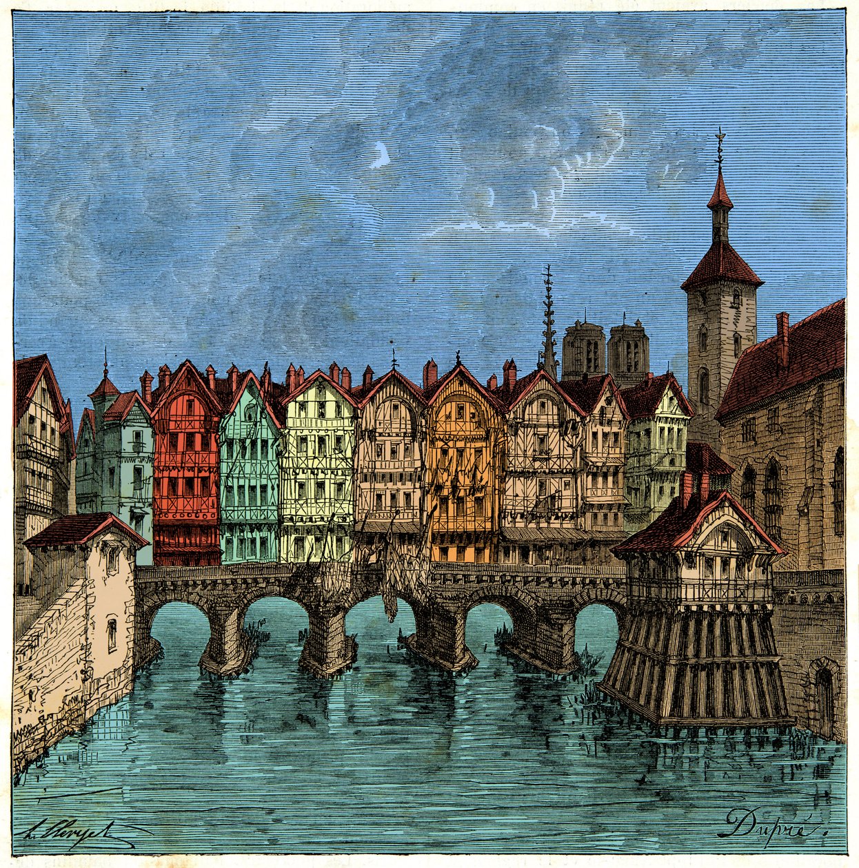 Pieni silta, joka oli myöhemmin Pont au Change Pariisissa keskiajalla, kaiverrus 1800-luvulta tekijältä Unknown artist