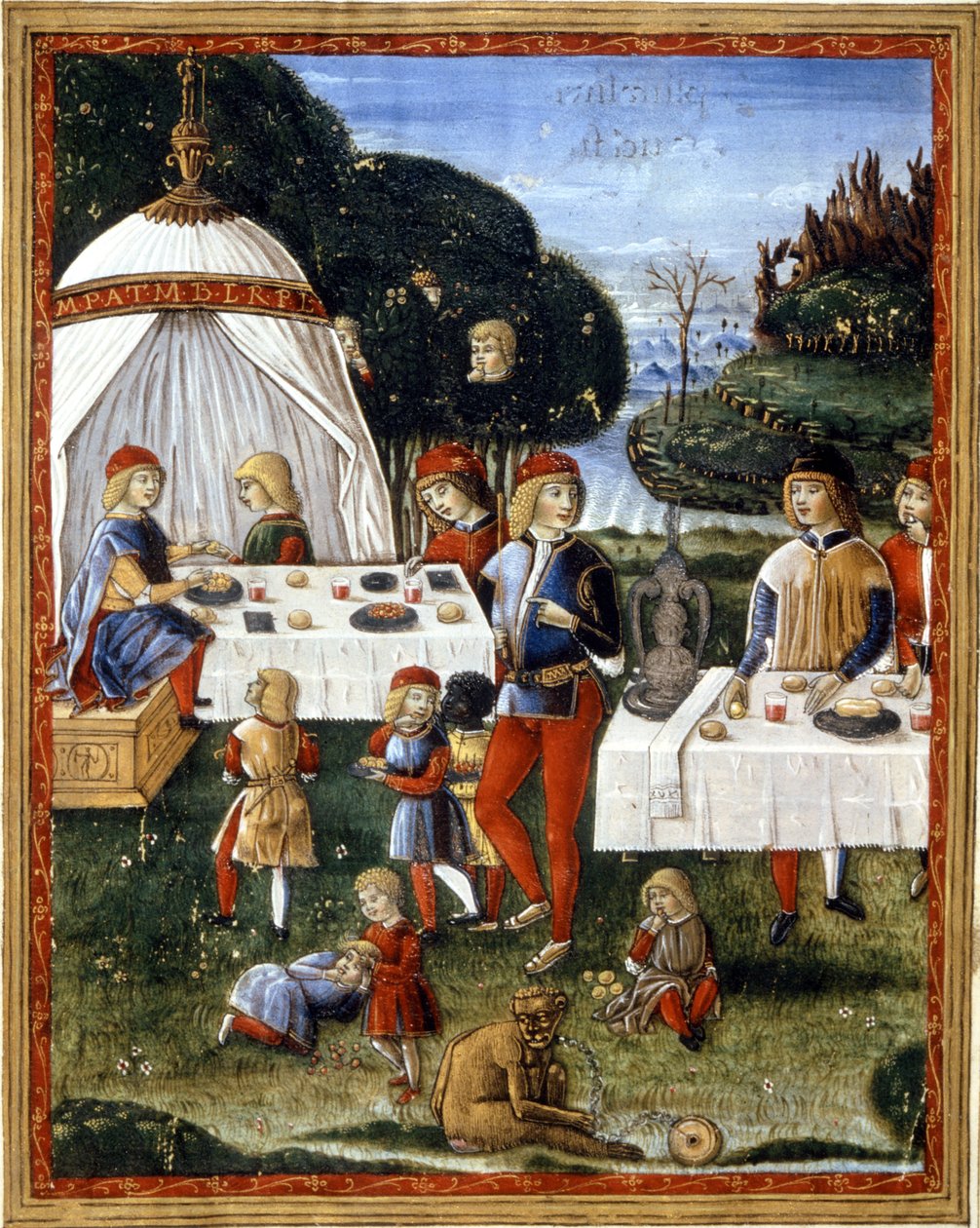 Maximilian Sforzan (1490 - 1530) välipala puistossa. Miniatyyri 1400-luvun käsikirjoituksesta. Milano, Biblioteca Trivulziana. tekijältä Unknown artist