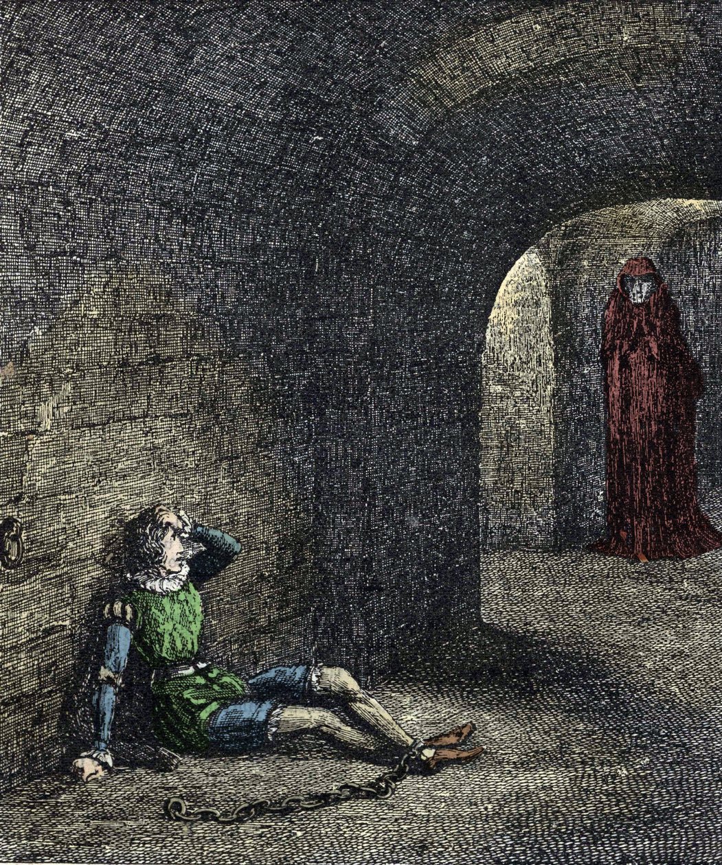 Tornin haamu Vankiketjut vankityrmässä näkevät aaveen edessään. William Harrison Ainsworthin 1800-luvun kuvitus "" Lontoon torni" tekijältä Unknown artist