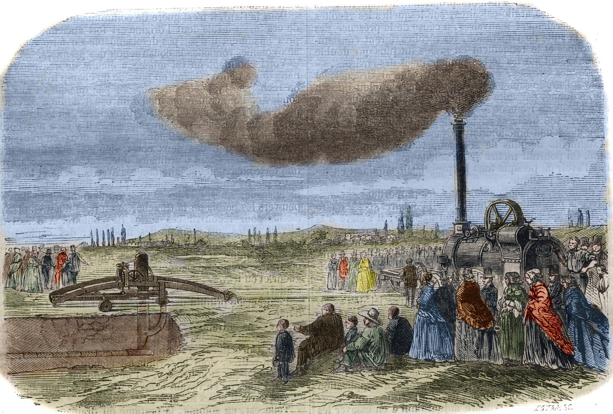 Albert Fryn (1830? -1903) ja John Fowlerin (1826-1864) keksimä höyrynpoisto mekaanisen tyhjennysoperaation aikana Versaillesin lähellä. Kaiverrus vuodelta 1856 "" Tiedemuseossa"" tekijältä Unknown artist