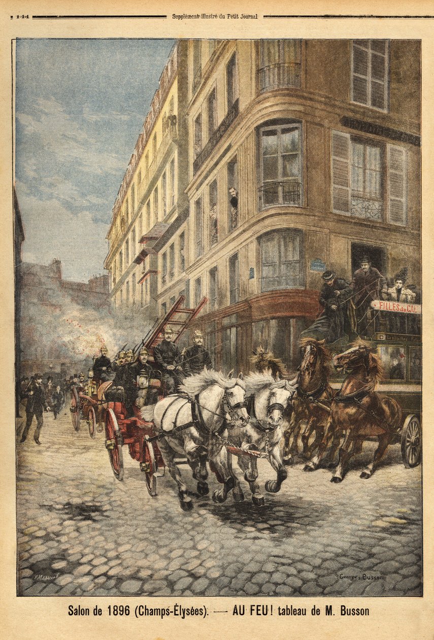 Höyrypumppu ja palomiesten ajoneuvot Pariisissa, herra Bussonin maalauksen mukaan. Kaiverrus "" Le petit Journal" -lehdessä 3.5.1896. Selvan kokoelma. tekijältä Unknown artist