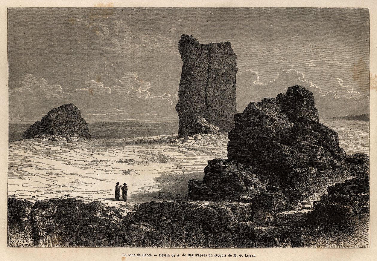 Birs Nimroudin rauniot, jotka tuolloin Bagdadin (Irak) turistiyhteisö tunnisti myyttiseksi Baabelin torniksi. Guillaume Lejeanin kaiverrus le voyage dans la Babylon, en 1866, teoksessa "Le tour du monde, nouveau j" tekijältä Unknown artist