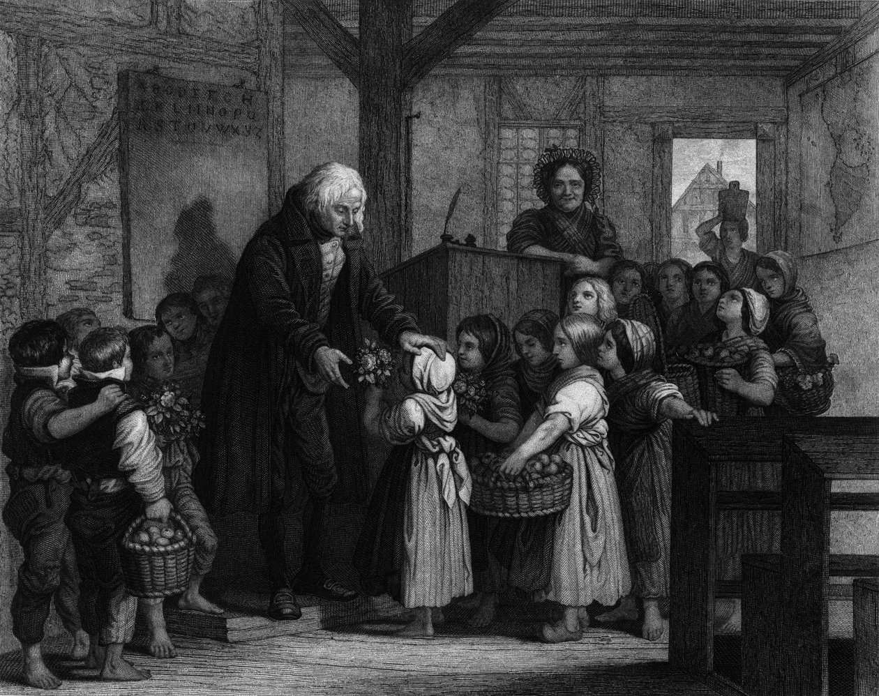 Luokan oppilaat kokoontuvat lahjoittamaan kukkia koulun opettajalleen tämän syntymäpäivänä. Kaiverrus 1800-luvulta tekijältä Unknown artist