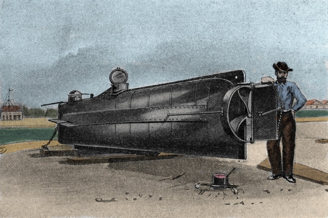 Sukellusvene (sukellusvene) CSS H. L. Hunley, jota Konfederaation osavaltioiden laivasto käytti eroamissodan aikana. 1861-1865 Kaiverrus 1800-luvulta tekijältä Unknown artist