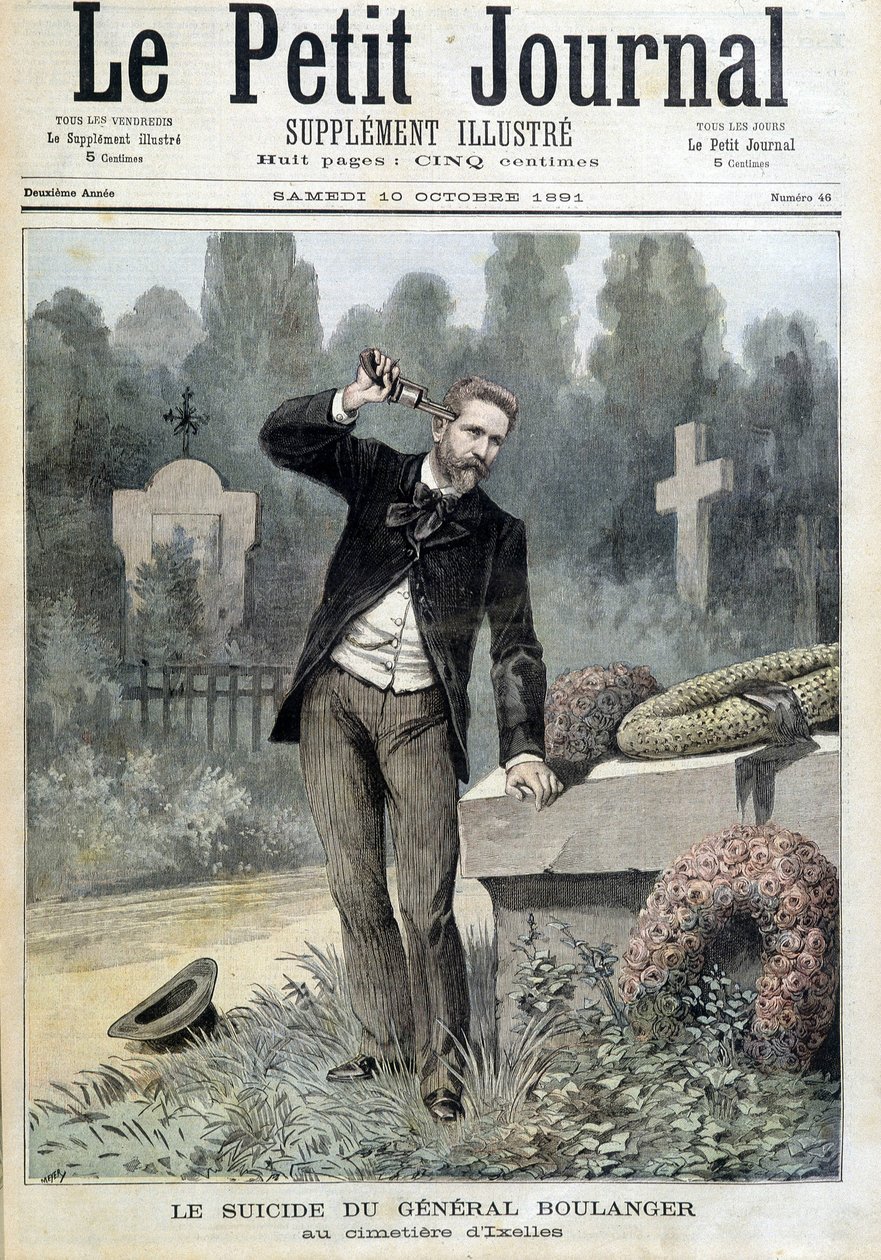 Kenraali Boulangerin itsemurha Ixellesin hautausmaalla - "Le Petit Journal" -lehdessä 10.10.1891 (kaiverrus) tekijältä Unknown artist