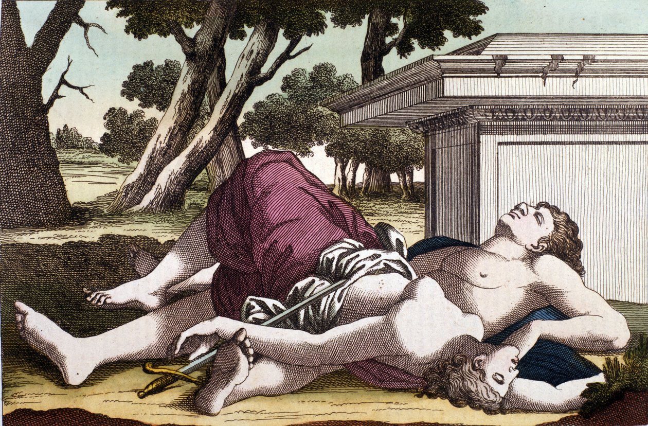 Pyramuksen (Piramen) itsemurha murijan alla ja Thisben kuolema. Pyramus oli vakuuttunut siitä, että leijona oli syönyt Thisben, ja antoi itsensä kuolemaan ja peitti verellään valkoiset tapat. Thisbe, joka piiloutuu paetakseen leijonaa, löytää rakkautensa k tekijältä Unknown artist