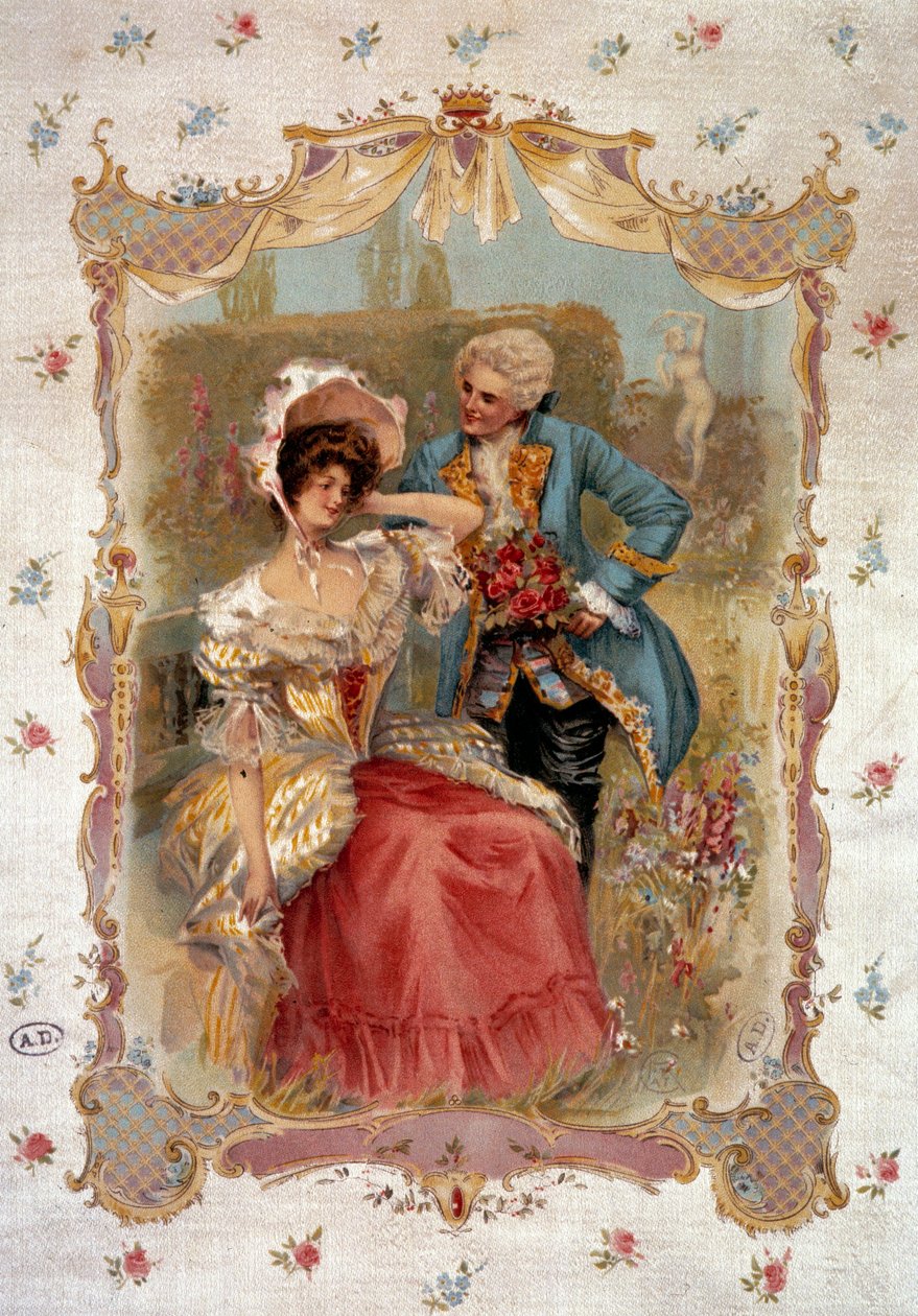 Suloinen tunnustus Mies seurustelee naista 1700-luvulla. 1800-luvun Pariisin litografia, koristetaide tekijältä Unknown artist
