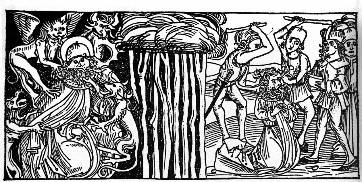 Pyhän Antonius Suuren (tai Pyhän Antonius Erakon tai Pyhän Anthony Abbe) kiusaukset ja oikealla hänen marttyyrikuolemansa. Kaiverrus "Leben der Heiligen - sommerteil" (pyhimysten kirja), jonka on kirjoittanut Jacobus (James) Voragine (1228-1298). L tekijältä Unknown artist