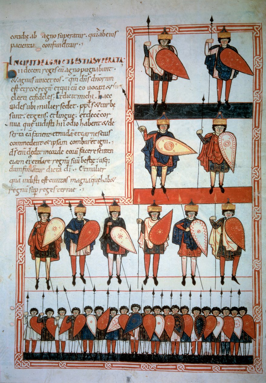 Apokalypsin kymmenen kuningasta keihäistä ja kilpistä koostuvia aseita joukkoineen. Miniatyyri teoksessa "" Beatus de Liebana, Commentary on the Apocalypse"" (Folio 193), kirjoittanut Stephanus Garcia tekijältä Unknown artist