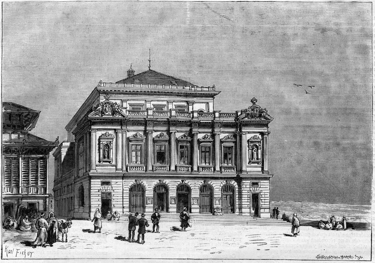 Konstantinuksen teatteri Algeriassa, jonka rakensi arkkitehti Paul Jean Gion (1838-1904) vuosina 1877-1883 - teatterin ulkopuolella tekijältä Unknown artist