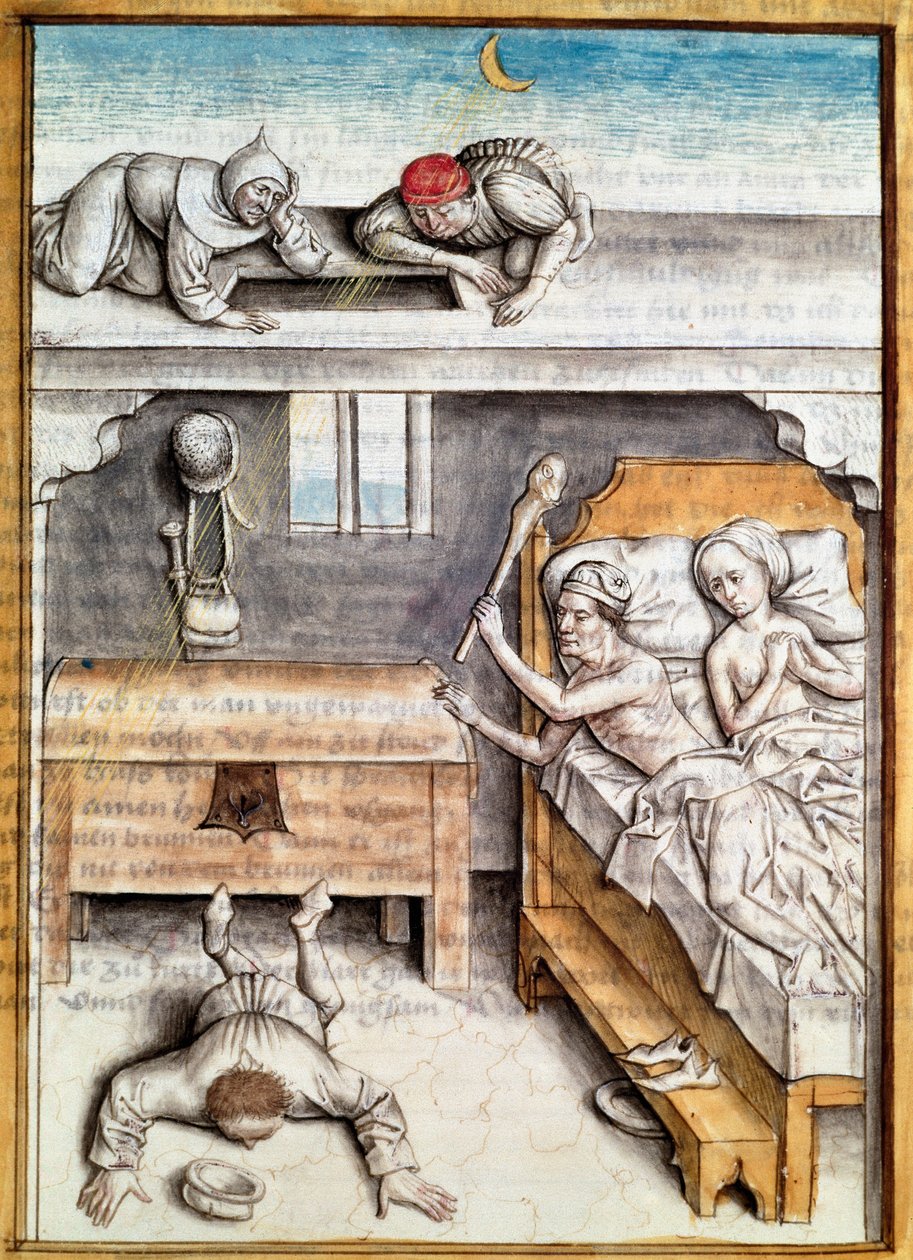 Taloon murtautunut varas saa rangaistuksen Miniature Bidpain "Kalilan (Calila) ja Dimnan" tarinoiden saksankielisestä käännöksestä. (ms. 1389, fol. 4) noin 1480 Chantilly, museo Conde tekijältä Unknown artist