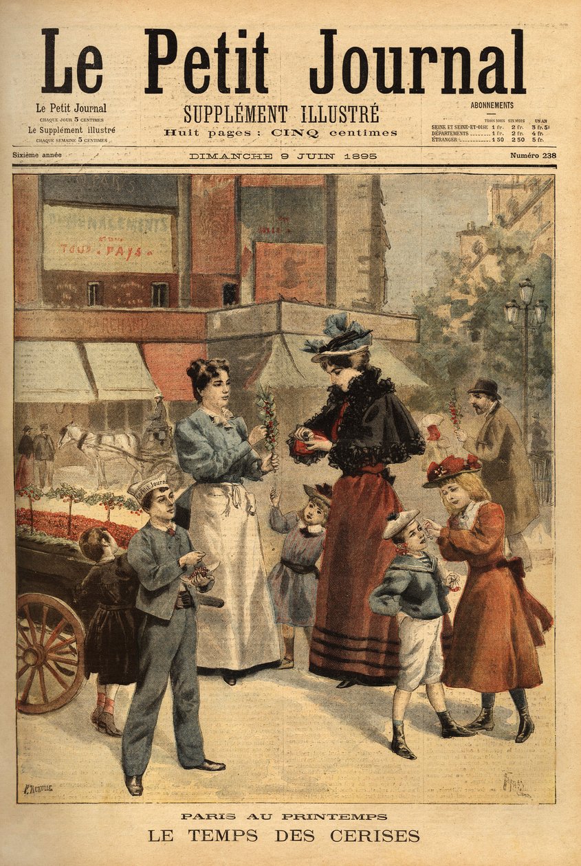 Kirsikoiden aika, kävelevä kauppias Pariisin kaduilla. Kaiverrus "" Le petit Journal" -lehdessä 9/06/1895. Selvan kokoelma. tekijältä Unknown artist