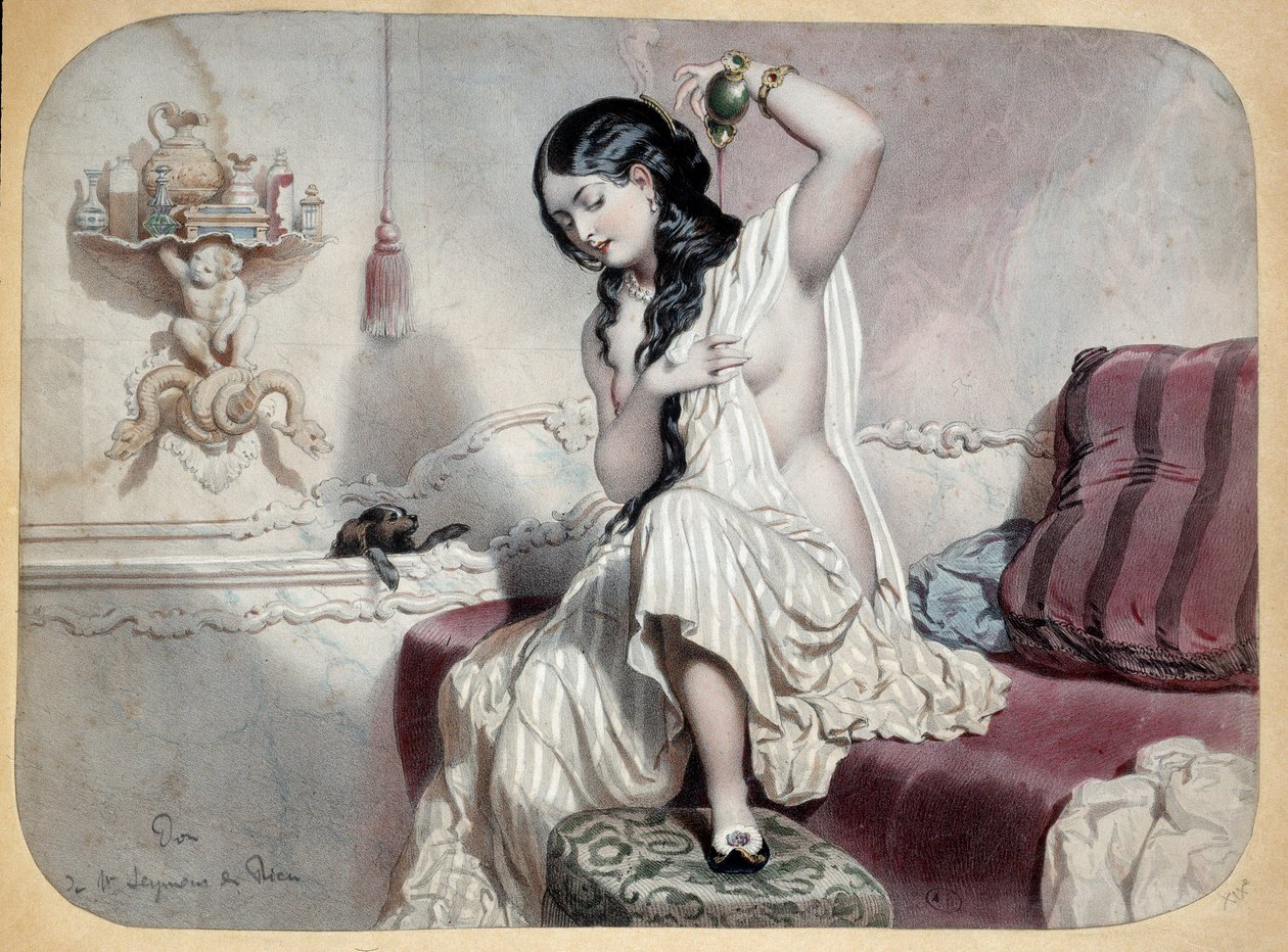Vessa. Nainen kylpyhuoneessa lähellä kylpyammetta on menossa kylpyyn. Kuva 1800-luvulta. Pariisi, koristetaide tekijältä Unknown artist