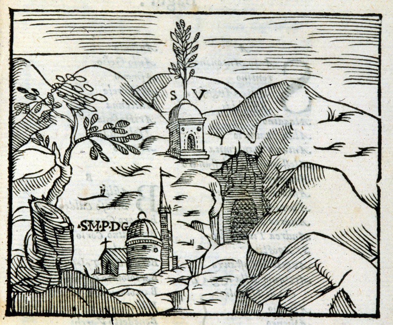 Vergilius (70 eKr. - 19 eKr.) hauta Pozzuolissa (Pozzuoli). Ksylografia 1600-luvun turistioppaan mukaan. tekijältä Unknown artist