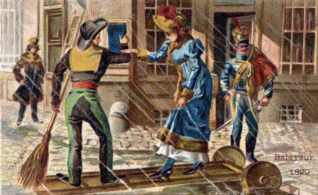 Lakaisukoneen ammatti vuonna 1820: lakaisukone, joka auttaa nuorta naista ylittämään lätäkön. tekijältä Unknown artist