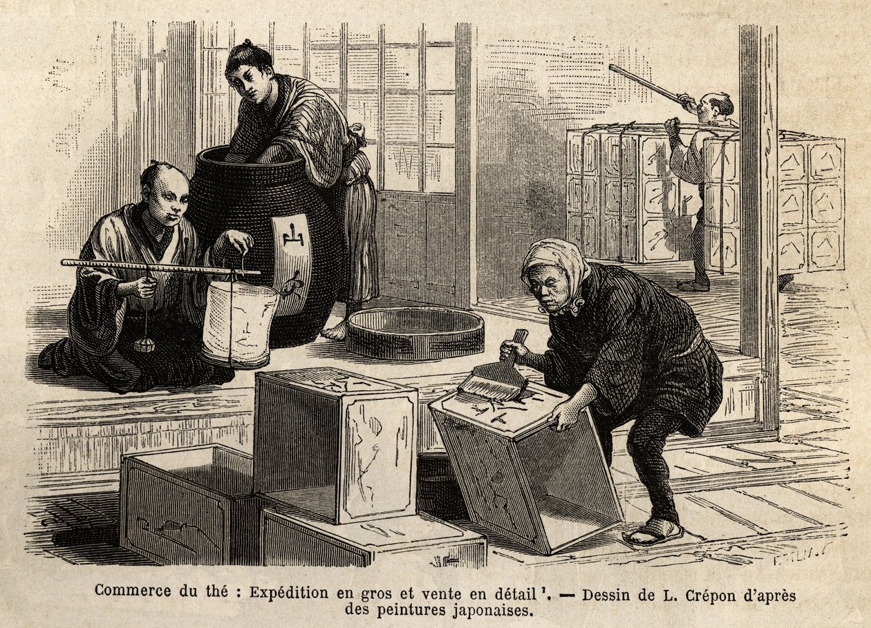 Teen kauppa: tukku- ja vähittäiskuljetus. Kaiverrus havainnollistamaan matkaa Japaniin, Aime Humbert, Sveitsin valaliiton ministeri, vuosina 1863-1864, julkaistu "" Le tour du monde""" 1869, toimittanut Edouard Charton, painos Hachette, Par tekijältä Unknown artist