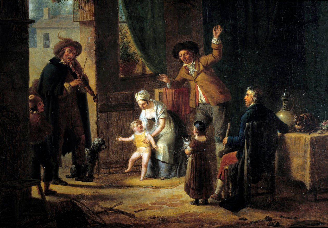 Matkustava muusikko Viulisti soittaa musiikkia perheen talon ovella. Anonyymi maalaus. 1819 Pariisi, koristetaide tekijältä Unknown artist