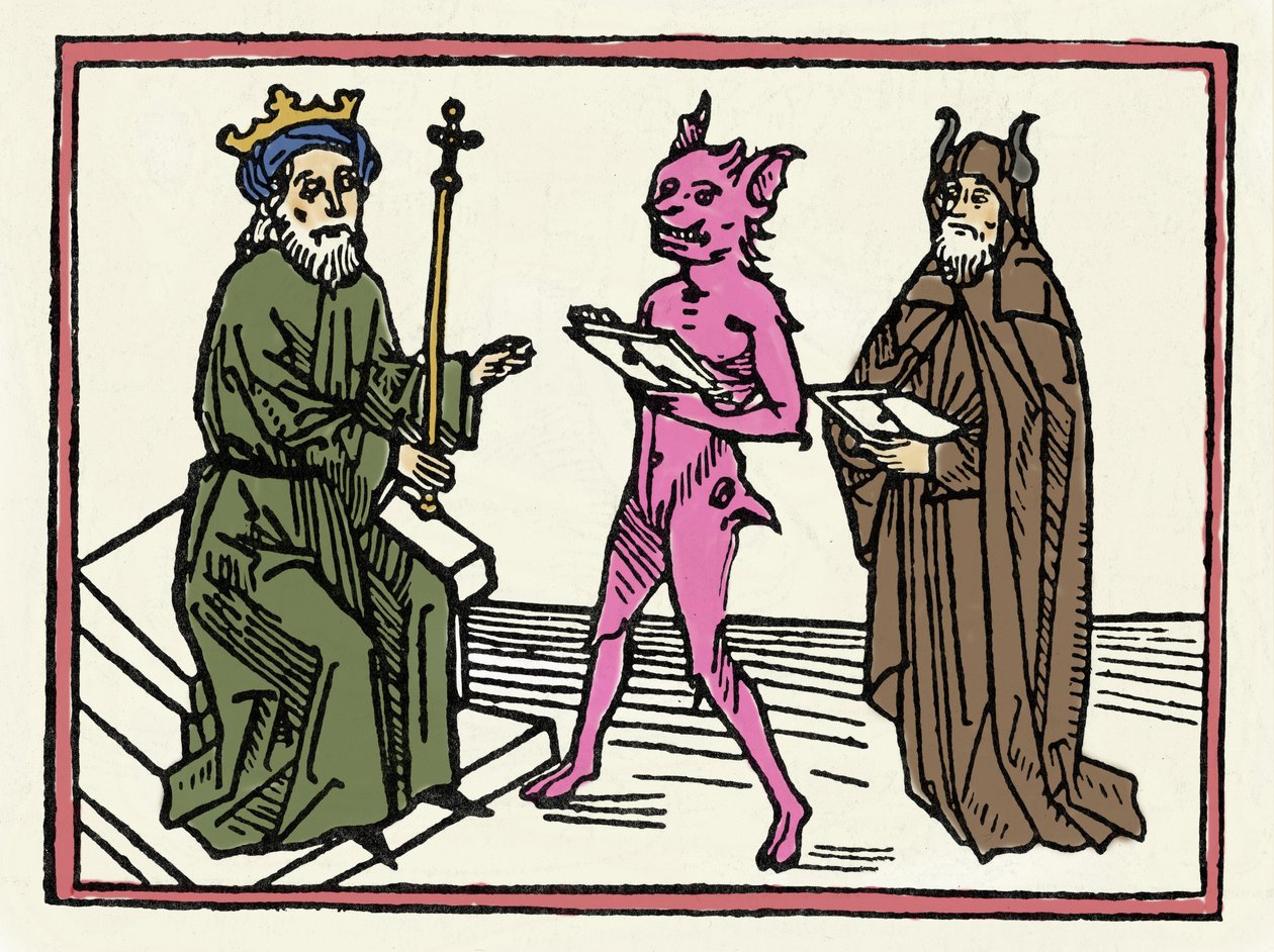 Belialin oikeudenkäynti: "Demon Belial luovuttaa valtakirjansa tuomari Solomonille" Jacobus de Teramon (tai Palladino), Ausburgin kaiverrus "Belialin oikeudenkäynnistä" tekijältä Unknown artist