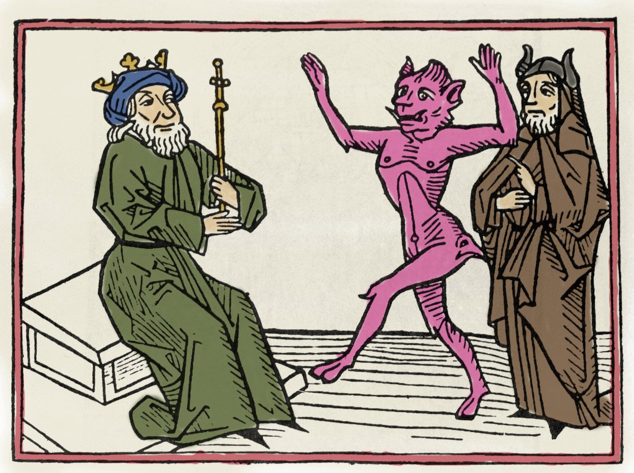 Belialin oikeudenkäynti: "" Demoni Belial tanssii tuomari Solomonin edessä""" Kaiverrus Jacobus de Teramon (tai Palladinon), Ausburgin "Belialin oikeudenkäynnistä" tekijältä Unknown artist