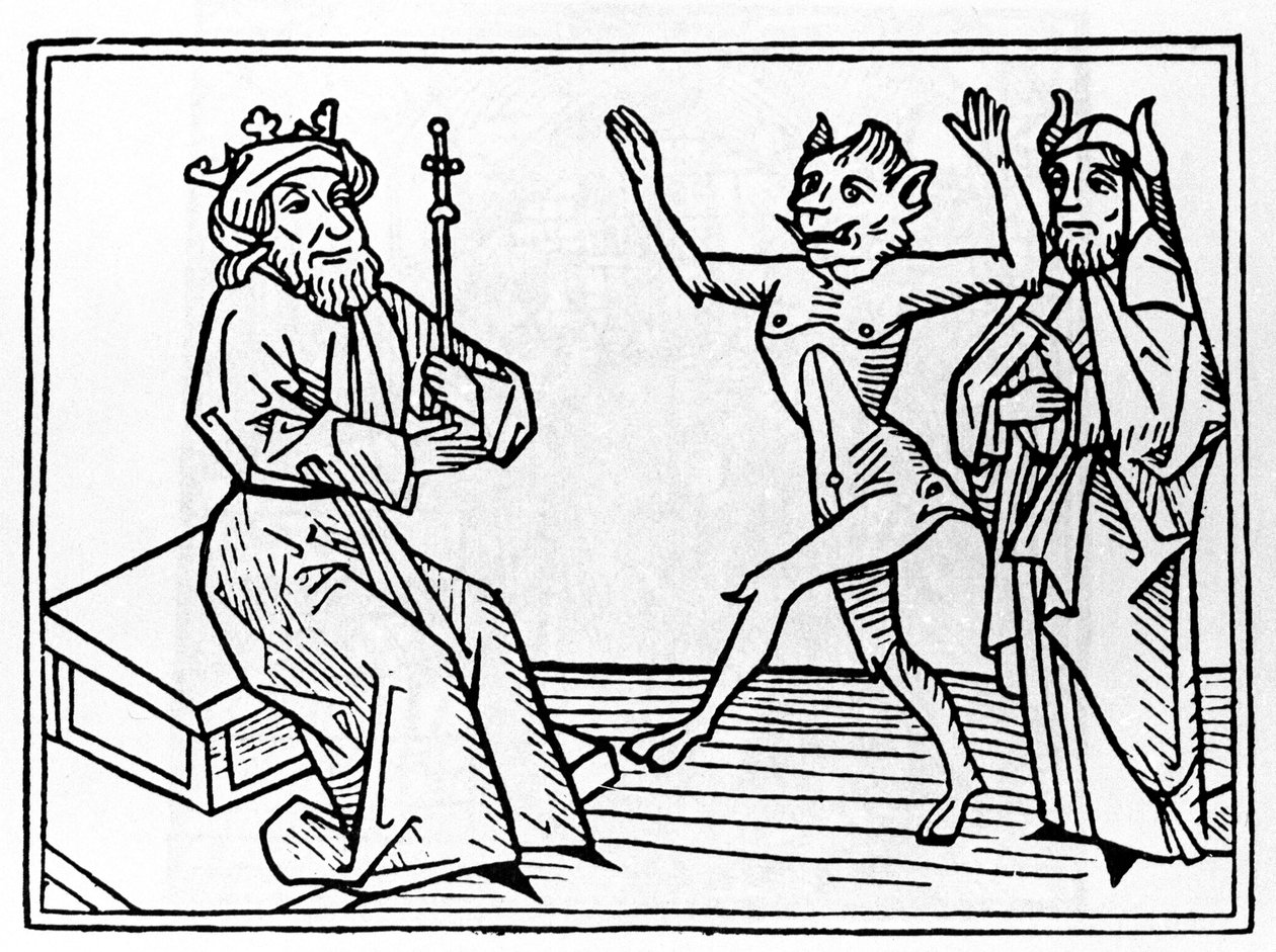 Belialin oikeudenkäynti: "" Demoni Belial tanssii tuomari Solomonin edessä""" Kaiverrus Jacobus de Teramon (tai Palladinon), Ausburgin "Belialin oikeudenkäynnistä" tekijältä Unknown artist
