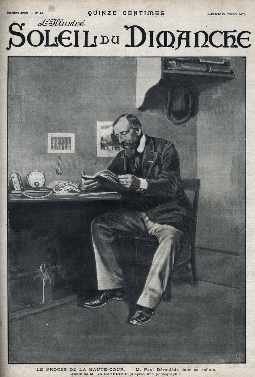 Korkeimman oikeuden oikeudenkäynti: Paul Deroulede (1846-1914), ranskalainen kirjailija ja nationalistinen aktivisti, joka on tärkeä antidreyfusismin toimija, sellissään vallankaappausyrityksen jälkeen 23. helmikuuta. Kaiverrus kirjassa "" Le sun-du-dimanc tekijältä Unknown artist